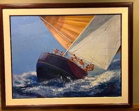 Original Framed Artwork by Mark King featuring a vibrant sailing scene, measuring 38" x 47.5" 