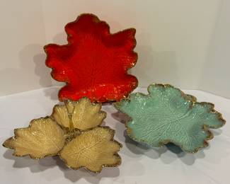 Three MCM 1950's California Glazed Ceramic Leaf Dishes in awesome retro colors! The largest one in this grouping measures 14" x 13" 
