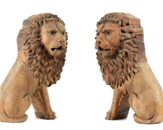 Pair 18th Century Carved Wood Lions