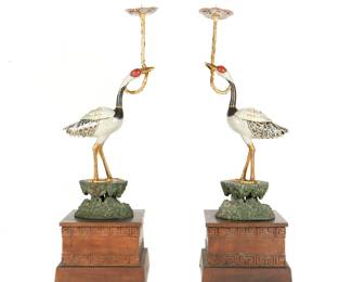 Pair Life Size Cloisonne Crane Candlesticks