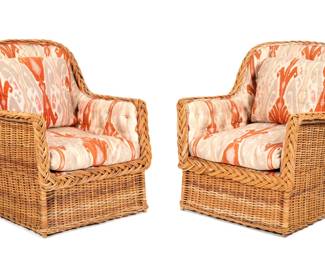 Pair Jack Lenore Larsen Fabric Wicker Lounge Chairs