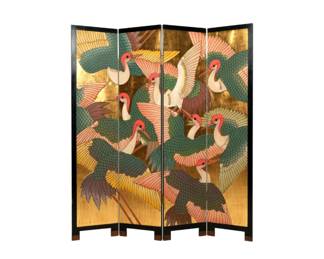 Chinese Four Panel Carved and Painted Floor Screen