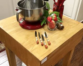 Butcher block; red KitchenAid mixer