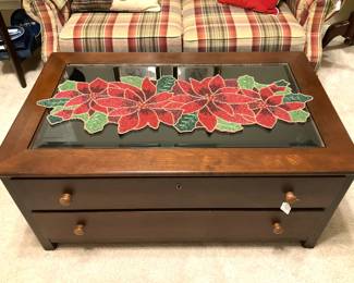 Love seat; 2 drawer chest; poinsettia runner