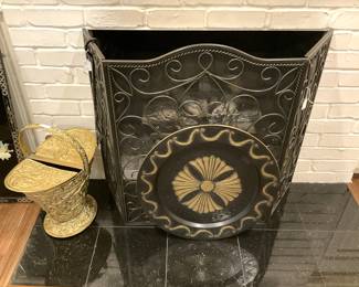 Fireplace screen; vintage brass coal box (as is)