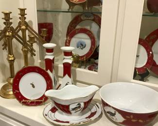 Two medium candle holders; serving pieces of  "Winter Game Birds"  by Lynn Chase (decorated with 24 karat gold)