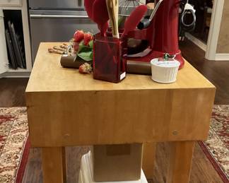 Butcher block; red KitchenAid mixer