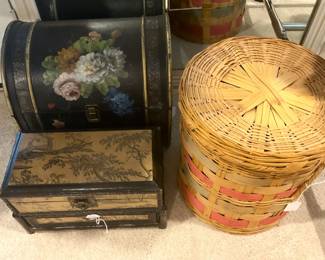 Decorative boxes; vintage lidded basket