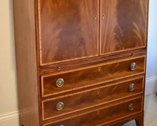 Antique flame mahogany inlaid armoire with drawers and leather top writing surface by Beacon Hill Collection