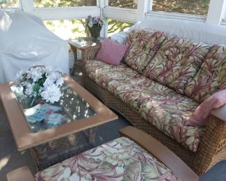 Vintage resin wicker porch or patio furniture set: sofa, ottoman, coffee table and side table. VGC!