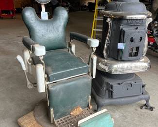 Antique Barber Chair and potbelly stove