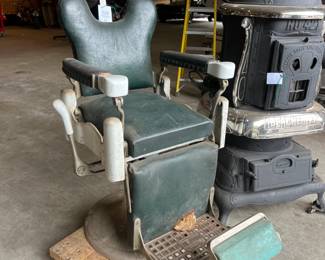 Antique Barber Chair and potbelly stove