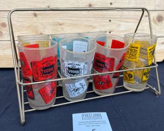 Mid Century Bar-ware Tumblers in Wire Case