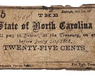 1861 State of North Carolina 25 Cent Currency Note