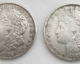 Two 1921 US Morgan Silver Dollar Coins