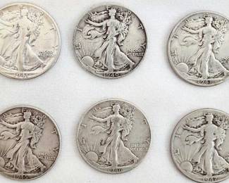 6 Walking Liberty Silver Half Dollars - Circulated