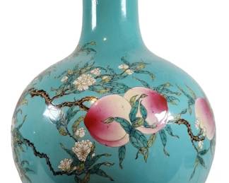 Chinese Cyan Glaze Peach Motif Floor Vase