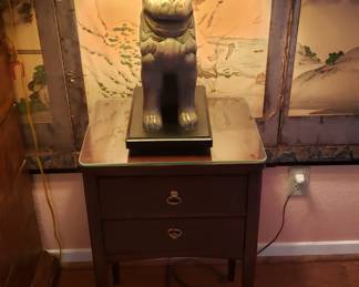 Sarreid Carved Wood Foo Dog Lamps - SOLD, two drawer end table