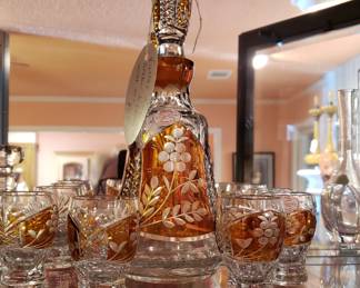 Vintage Bohemian amber to clear wine set