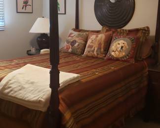 Mahogany four poster queen canopy bed, comforter set-SOLD,  pillows, decor, Serta queen size mattress/box springs