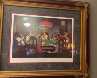 Framed and matted print of dogs playing poker