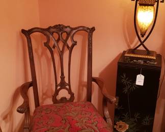 Chippendale style arm chairs, lamps, floral painted pedestal