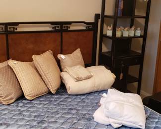 Asian inspired queen size platform bed, queen mattress, black tower open display shelf