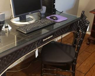 Black/gold desk, black bamboo chair