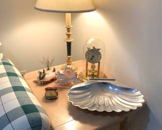 Matching end tables, lamp, anniversary clock, clam shell dish