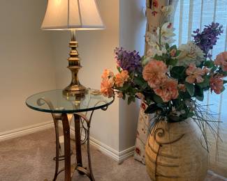 Elegant glass top accent table, large floor vase