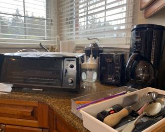 Coffee maker, toaster oven, toaster, kitchen utensils 