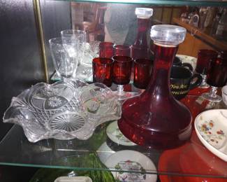 Vintage Crystal Glass, Rare Red Selenium Glass Decanter and matching Glasses Set, 