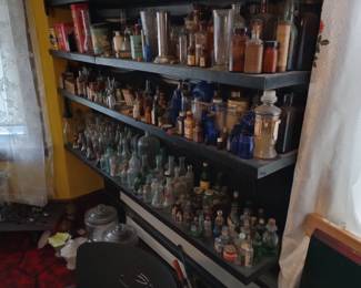 Three Huge shelves of Antique Pharmacy Glass, Equipment and Bottles and Lab Equipment !!, 