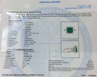 PLATINUM COLOMBIAN EMERALD & DIAMOND RING, SIZE 7.5, 3.3ct EMERALD, .93ct DIAMONDS, 8.5g, AIGL APPRAISAL $27,000, 