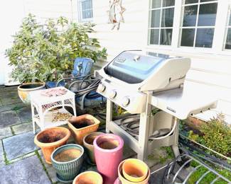 Wicker Table, Metal Chairs. Grill is not for sale. 