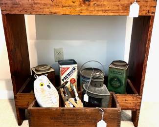 Primitive table with box type shelf; wooden boxes, signed owl carving & tins