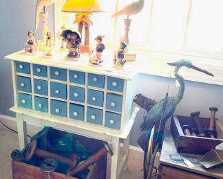 Painted chest;  Antique Primitive Crate; Wooden Spools; Metal Bird, 