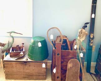  Antique Primitive Trunk, Lidded Box, Chinese Tennis Rackets, Ridder, Tall Box, Golf Clubs & Bag, Skis & Level