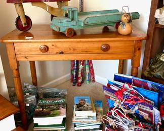 Antique one-drawer table, scooter and truck; books & Christmas bags/wrapping paper