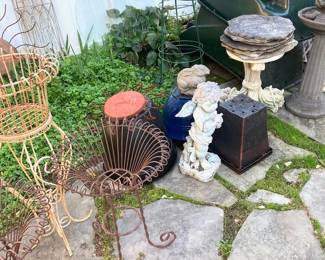 Metal Planters & Bird Bath