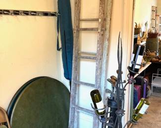 Antique Wooden Ladders; Patio Umbrella/Stand; Vintage Round Table/Chairs