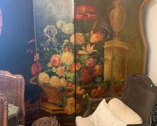 Four Panel Painted Leather Screen