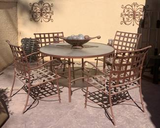 Vintage Brown Jordan Coastal Woven Iron Dining Table and Chairs