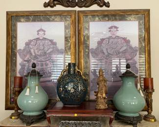 Large Celadon Jardiniers, Two Seated Asian Prints