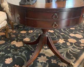 Antique Brass Footed Pedestal Table with Leather Top