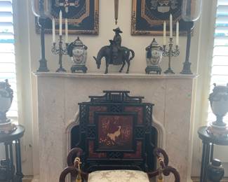 Marble Fireplace Mantle, Asian Fireplace Screen, and Antique Bench