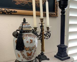 Pair of antique brass candelabras, pair of tall bronze tall Greco-Roman candle holders, pair of Asian inspired jars