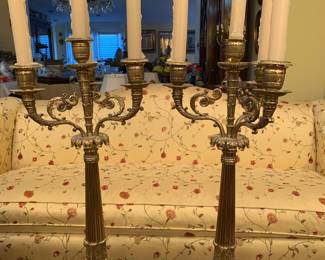 Pair of Tall Gold Gilt Brass Candelabra