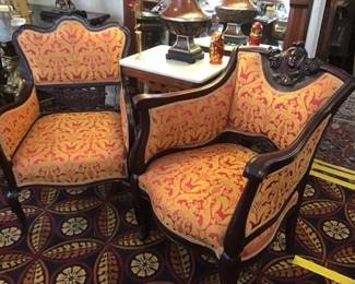 Set of Art Nouveau Fine Mahogany Framed Chairs. C 1920, Scalamandre Damask Upholstery 