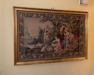Large Hand Woven French Wall Tapestry, Gold Gilt Frame 